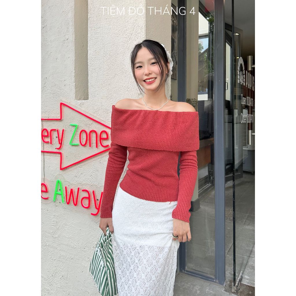 TDT4 - Áo Len Tay Dài Bẹt Vai Vải Len Thun Dày Dặn Co Giãn Màu Trắng Đỏ Size S/M HOLIDA TOP