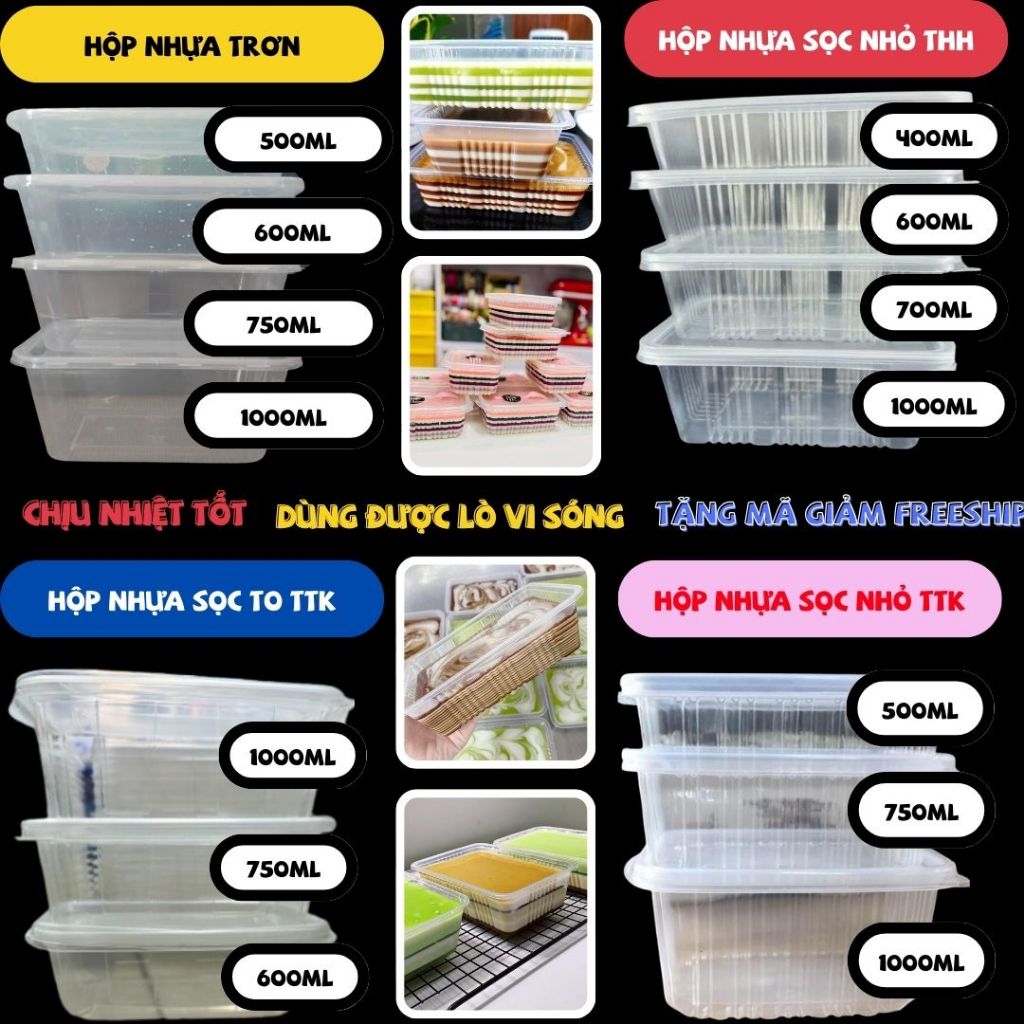 [Sỉ] Set 10/20/50 Hộp nhựa chữ nhật/vuông microwave dùng đc lò vi sóng đựng rau câu, chân gà, thực phẩm, thức ăn