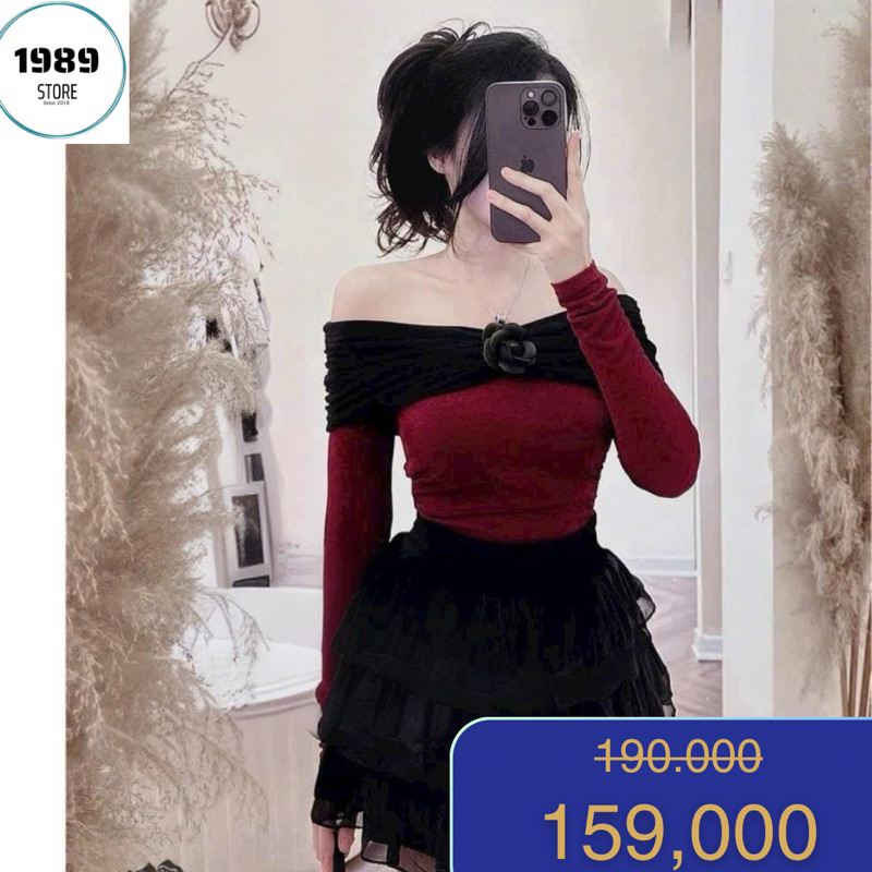 Áo trễ vai thun nhũ nhún eo hoa tháo rời kho sỉ 1989 store màu đỏ, trắng đi tiệc