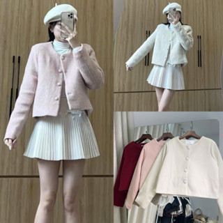  Áo dạ nữ A.685 Áo dạ lông xù lửng dài tay cổ tròn lông mềm 2 lớp basic phối cúc bọc - Shop Chấm Bi 