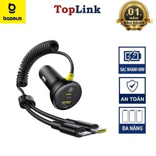  Tẩu Sạc Nhanh PD 60w Đa Năng 4in1 Baseus Gồm 2 Đầu Sạc Tẩu và 2 Đầu Sạc Dây Lò Xo Dài 1.4m Cho I-Phone Android 