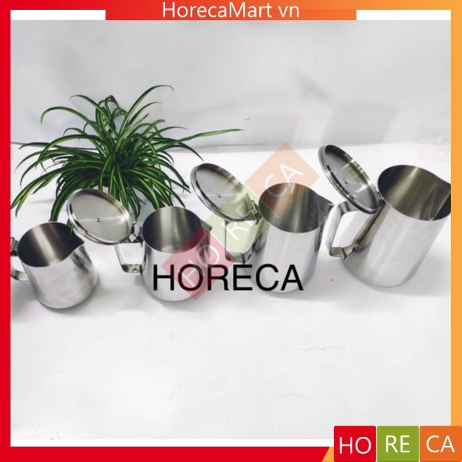 Ca đong inox có nắp [có chia vạch], tay cầm inox, nhiều size - ca đánh sữa