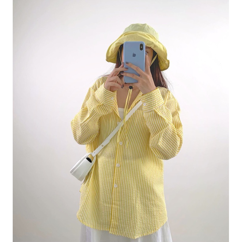 Áo somi nữ tay dài hoạ tiết kẻ sọc chất xốp phong cách Hàn (Ảnh Choco tự chụp) form rộng. | BigBuy360 - bigbuy360.vn