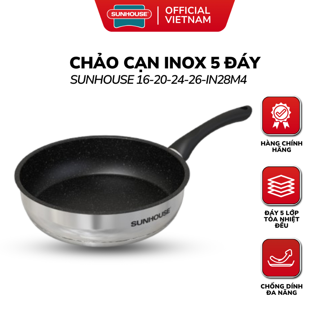 Chảo Cạn SUNHOUSE IN20M4/IN24M4/IN26M4/IN28M4 - Inox 5 Đáy Chống Dính, Công Nghệ Impact Bonding