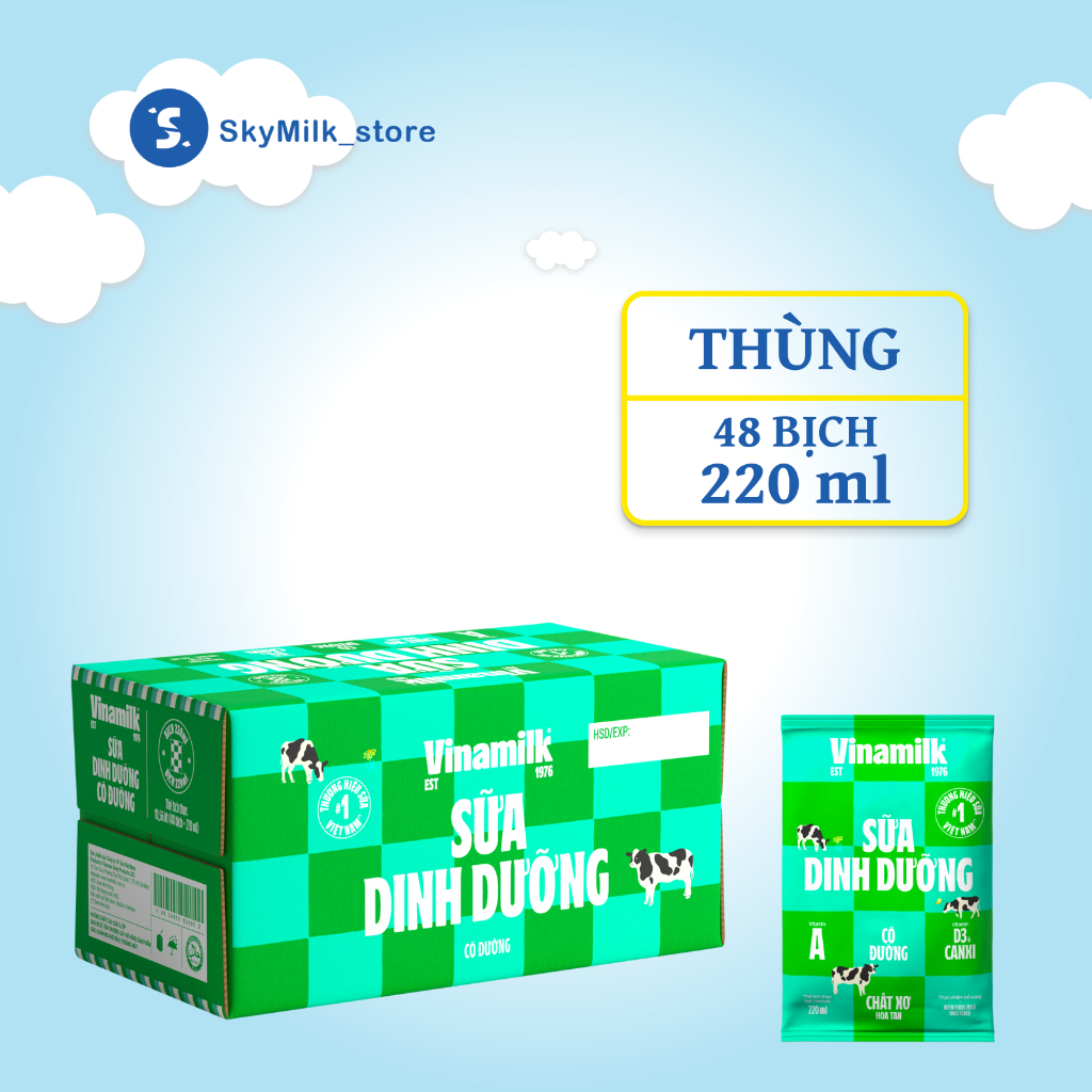 Thùng 48 bịch 220ml Sữa dinh dưỡng Vinamilk Có đường