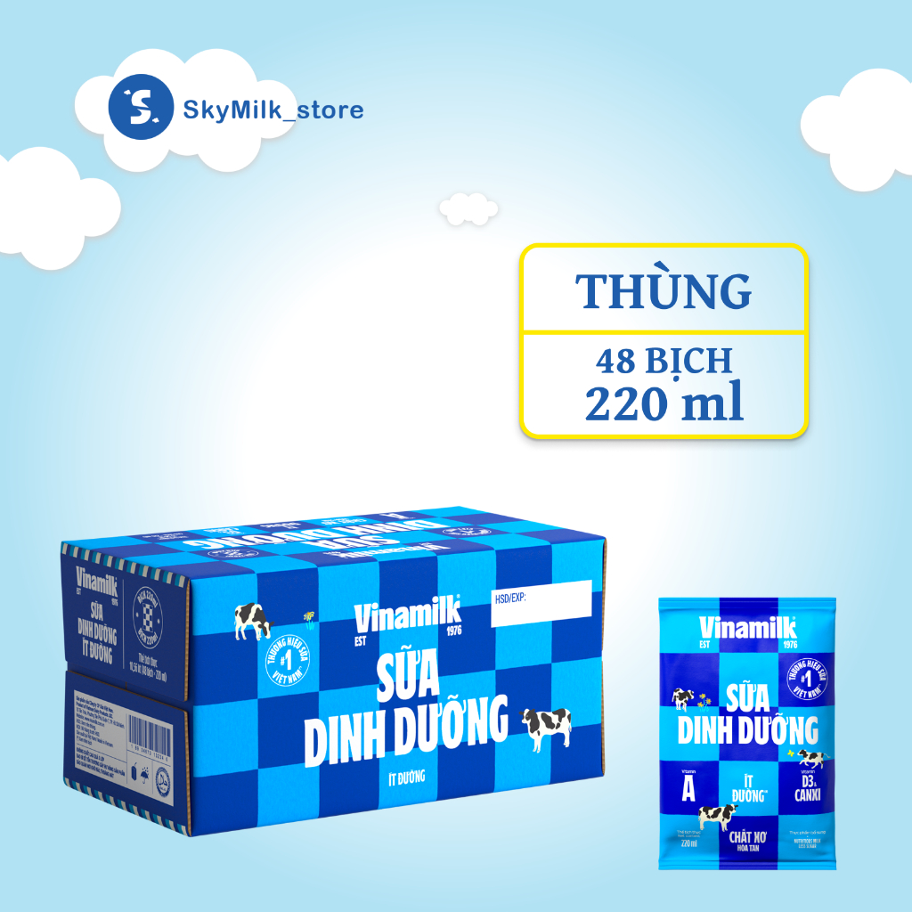  Vinamilk - Thùng 48 bịch 220ml Sữa dinh dưỡng Vinamilk Ít đường -  Sữa dinh dưỡng Vinamilk 
