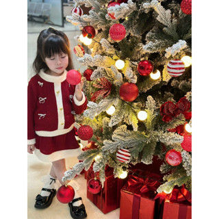   10kg-20kg  Set áo kết hợp chân váy len đỏ đính 6 nơ điệu cho bé gái diện noel và tết 