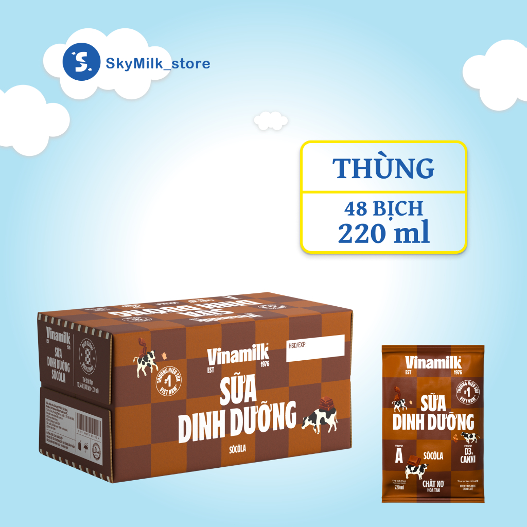 Vinamilk - Thùng 48 bịch 220ml Sữa dinh dưỡng Vinamilk Sôcôla - Sữa dinh dưỡng Vinamilk