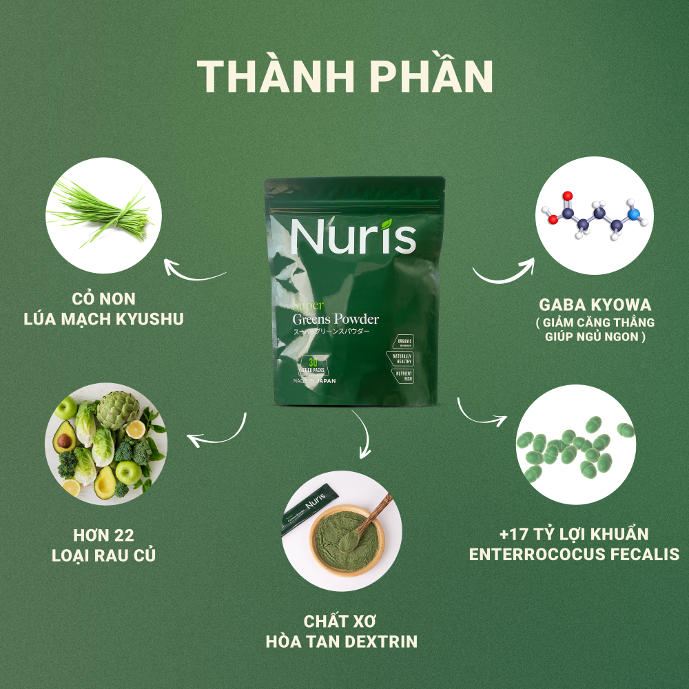[Combo 3 gói] Bột rau củ siêu dinh dưỡng Nuris Nhật Bản thải độc gan, giảm táo bón, sạch đường ruột