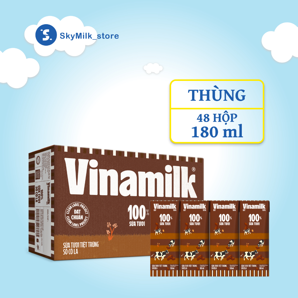 Vinamilk - Thùng 48 hộp 180ml Sữa tươi tiệt trùng vị Socola Vinamilk - Sữa tươi tiệt trùng Vinamilk
