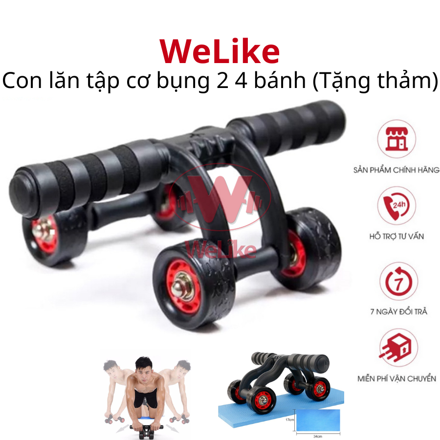 Con lăn tập cơ bụng Welike - Dụng cụ tập bụng tăng cơ giảm mỡ 2 4 bánh kèm thảm lót gối tập thể dục gym tại nhà hiệu quả