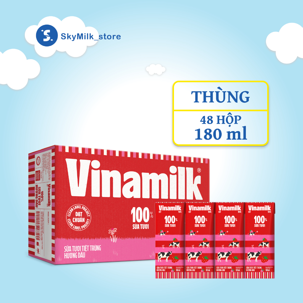 Vinamilk - Thùng 48 hộp 180ml - Sữa tươi tiệt trùng Hương dâu Vinamilk -Sữa tươi tiệt trùng Vinamilk