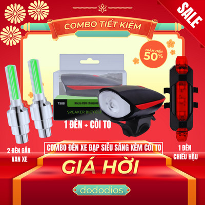 Combo Đèn Xe Đạp Thể Thao Chống Nước, Đèn Pha Tích Hợp Còi Sáng 3-4h Liên Tục + 2 Đèn Van Xe Đạp Thể Thao + 1 Đèn Hậu 02