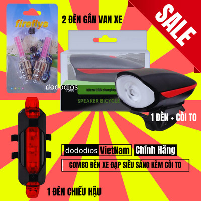 Combo 4 Đèn Xe Đạp + 1 Còi Xe Đạp: 2 Đèn Gắn Van Xe Đạp + 1 Đèn Chiếu Hậu Mã 02 + 1 Đèn Led Xe Đạp Chiếu Sáng + 1 Còi Xe