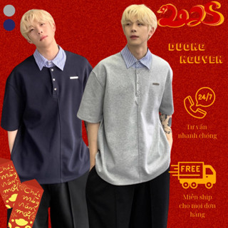 Áo thun polo tay lỡ phối cổ sơ mi sọc xanh cài cúc đính tag ngực unisex nam nữ hai màu xám, xanh cá tính thoải mái