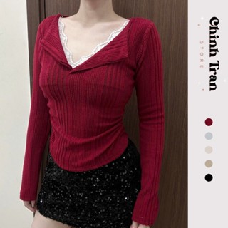 Áo Len Cổ V Phối Viền Ren Cổ Dài Tay Chất Len Lông Sọc Đôi - Chinh Trần Store