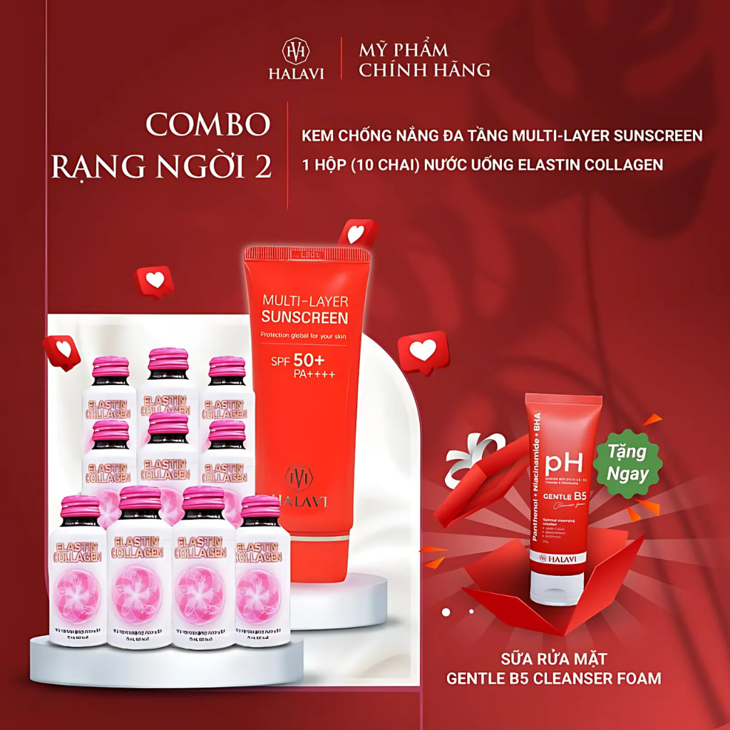 Combo Kem Chống Nắng 60ml + Nước Uống Elastin Collagen 7500Mg Hàn Quốc HALAVI Tặng Sữa Rửa Mặt