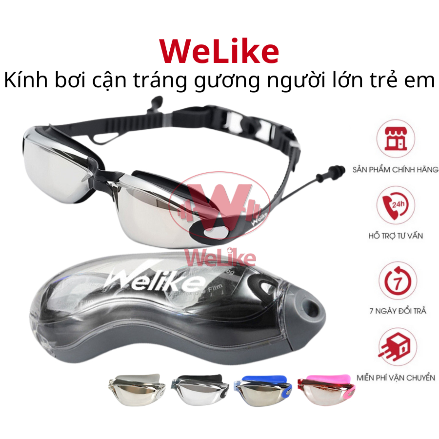 Kính bơi tráng gương Welike Tặng hộp Kính bơi cận người lớn trẻ em cao cấp chống nước an toàn cho bé chống mờ bảo vệ mắt