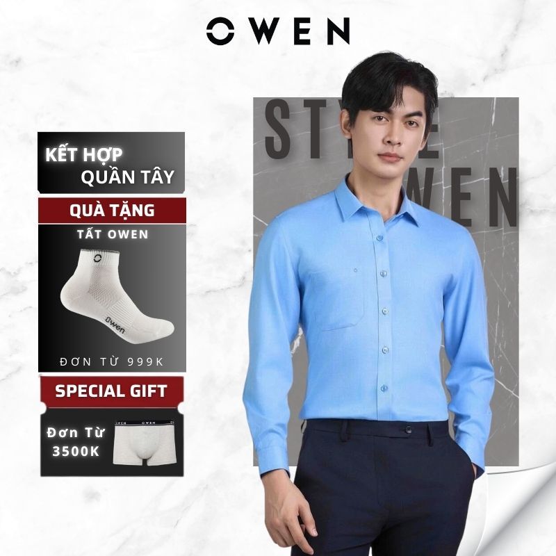 Áo sơ mi dài tay có túi OWEN dáng RegurlarFit màu xanh trẻ trung, kiểu sọc vuông nét nhỏ, AR240617DT
