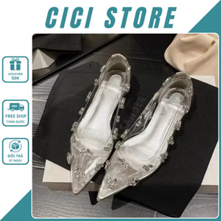 Giày Búp Bê Nữ Pha Lê, Giày Nữ Pha Lê Trong Suốt Đính Đá Đế Đỏ Mũi Bịt 2CM Hàng Chuẩn Full Box