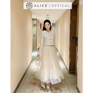 Set Áo Dạ Tweet Đính Ngọc Cao Cấp, Áo Dài Tay Có Lót Lụa Cổ Tay Đính Lông Cũ Phối Chân váy 3 Lớp Chất Lưới Mềm S779