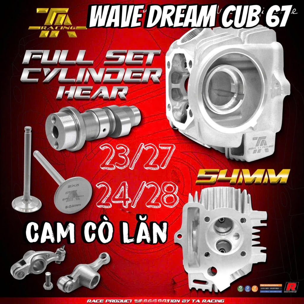ĐẦU BÒ WAVE DREAM CUB 67 TA RACING lòng PISTON 54 - 56 MM  ( SỬ DỤNG CAM CÒ LĂN MẪU BRT ) tproracing