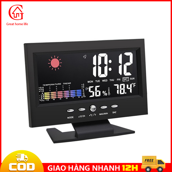 【 COD/12H】Đồng Hồ Để Bàn LED Màn Hình LCD Báo Thức, Cảm Biến Âm Thanh Đồng Hồ Thời Tiết Để Bàn