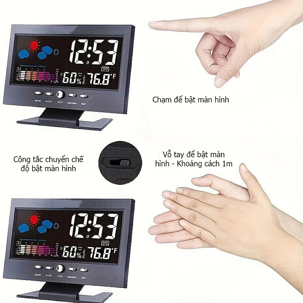 【 COD/12H】Đồng Hồ Để Bàn LED Màn Hình LCD Báo Thức, Cảm Biến Âm Thanh Đồng Hồ Thời Tiết Để Bàn