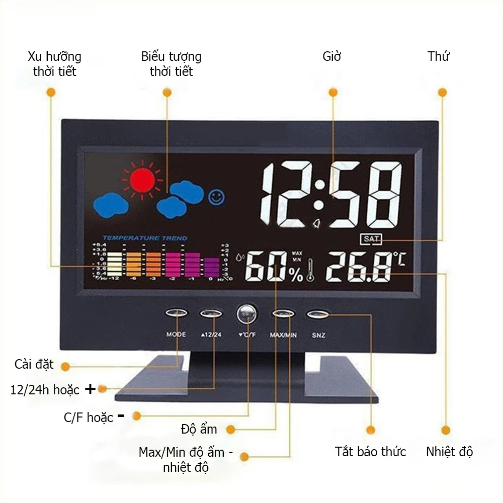 【 COD/12H】Đồng Hồ Để Bàn LED Màn Hình LCD Báo Thức, Cảm Biến Âm Thanh Đồng Hồ Thời Tiết Để Bàn