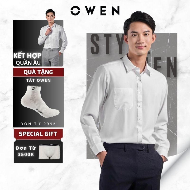 Áo Sơ Mi Nam Dài Tay Owen AR230315DT Màu Trắng Trơn Trẻ Trung Form Regula Fit Chất Liệu Nano Cao Cấp