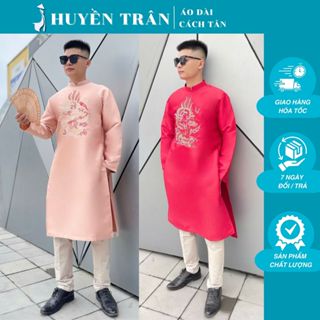 Áo dài bố, áo dài Nam chất Tafta hoạt tiết thêu rồng sắc sảo, đẹp mắt 2 màu như hình - Áo Dài Huyền Trân