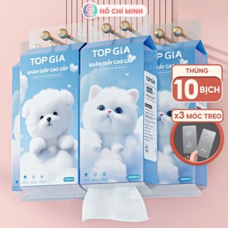 Thùng 10 gói Khăn giấy rút treo tường Top Gia, giấy vệ sinh treo tường 1000 tờ 4 lớp tặng móc treo