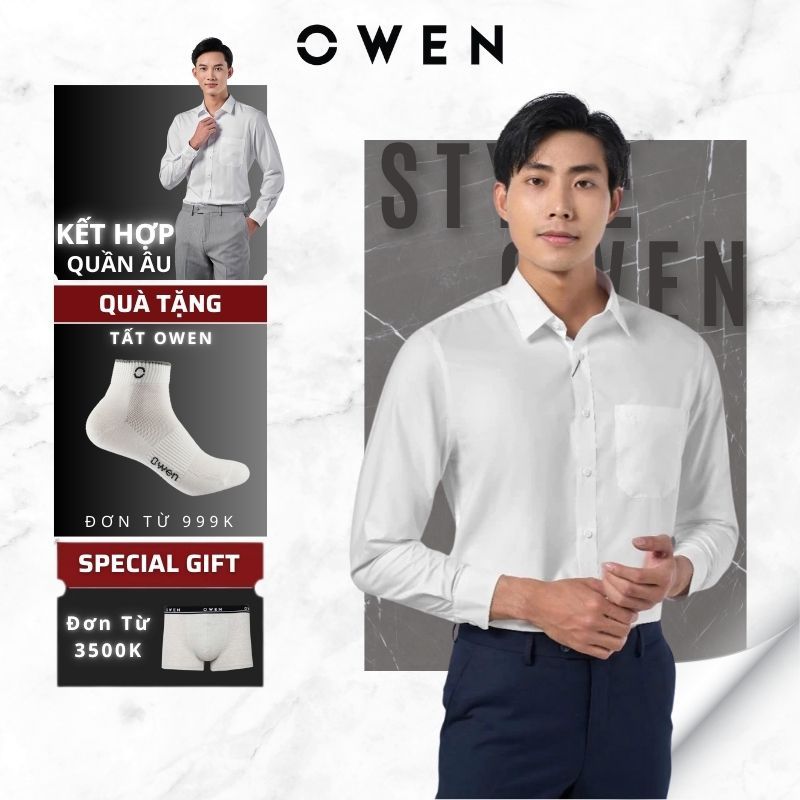  Áo sơ mi nam trắng DÀI TAY Owen dáng Regular Fit vừa vặn vải poly pha sợi sồi thoáng mát AR240312DT 