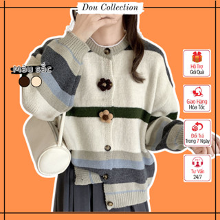 Áo len cardigan nữ, Áo khoác dệt kim hoạ tiết sọc màu phối khuy cài hoa phong cách retro thời trang thu đông - Mã TA043