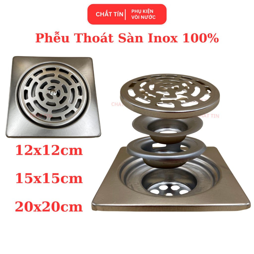 Phễu Thoát Sàn 12x12-15x15- 20x20cm, Thoát Sàn Inox 100% Phi 90 & 60, Ngăn Mùi Chống Hôi Hiệu Quả, C