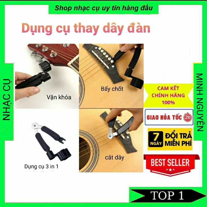 Dụng cụ thay dây đàn 3 trong 1 (nhổ chốt, vặn khóa, kìm cắt dây)