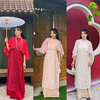   Có Bigsize  Đầm yếm kèm áo choàng tết kem đỏ hồng - Orimi 