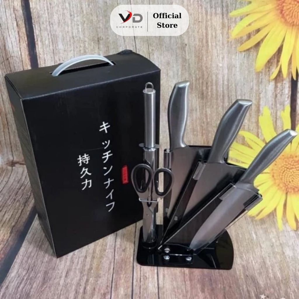Bộ Dao Nhật Inox 6 Món Nhà Bếp Cao Cấp – Lưỡi Sắc Bén, Chống Gỉ, Kèm Khay Đựng Tiện Lợi Sang Trọng