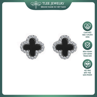 Khuyên tai bạc nữ TLEE cỏ bốn lá sơn đen viền đính đá lấp lánh TLEE JEWELRY B0263