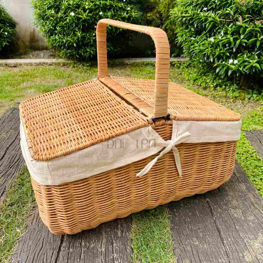 Giỏ mây picnic có nắp lót vải Đan Trà, giỏ mây tre đan đựng quà vintage, trang trí nhà cửa, đựng quà