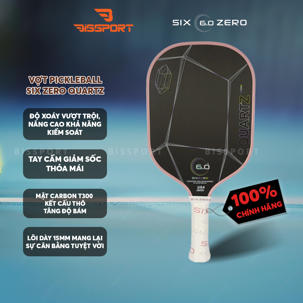 Vợt Pickleball Six Zero Quartz Chính Hãng Đen Viền Hồng - Smash Uy Lực, Kiểm Soát Tốt - Lõi Composit