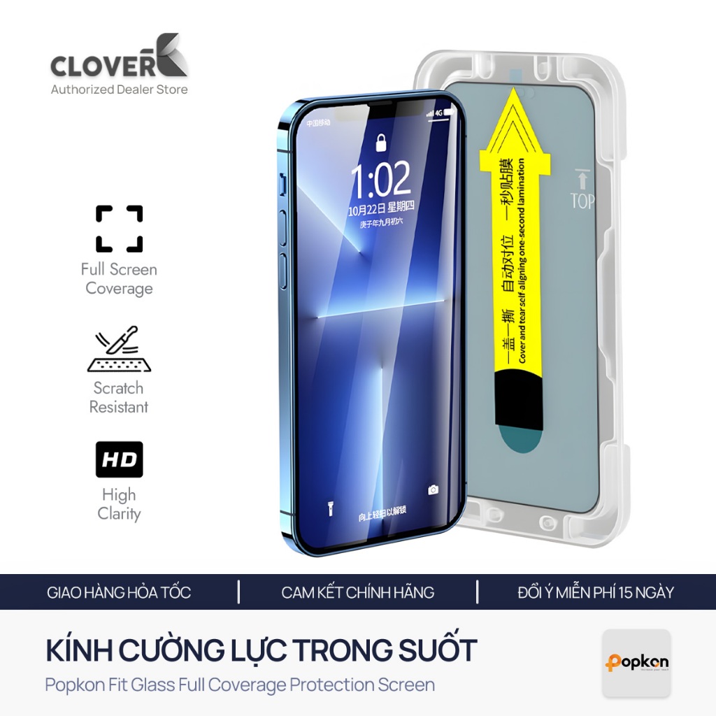 Kính cường lực Popkon Fit Glass - Khung Tự Dán / Trong Suốt - Dành cho iPhone 17/16/15 - CloverB
