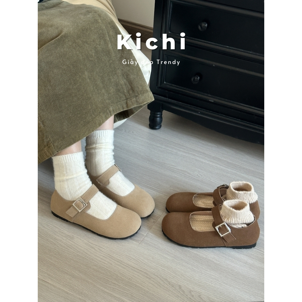 Giày mary jane 𝗞𝗜𝗖𝗛𝗜 chất da lộn giày nữ để bệt mũi tròn basic dễ phối đồ A8𝟯𝟮