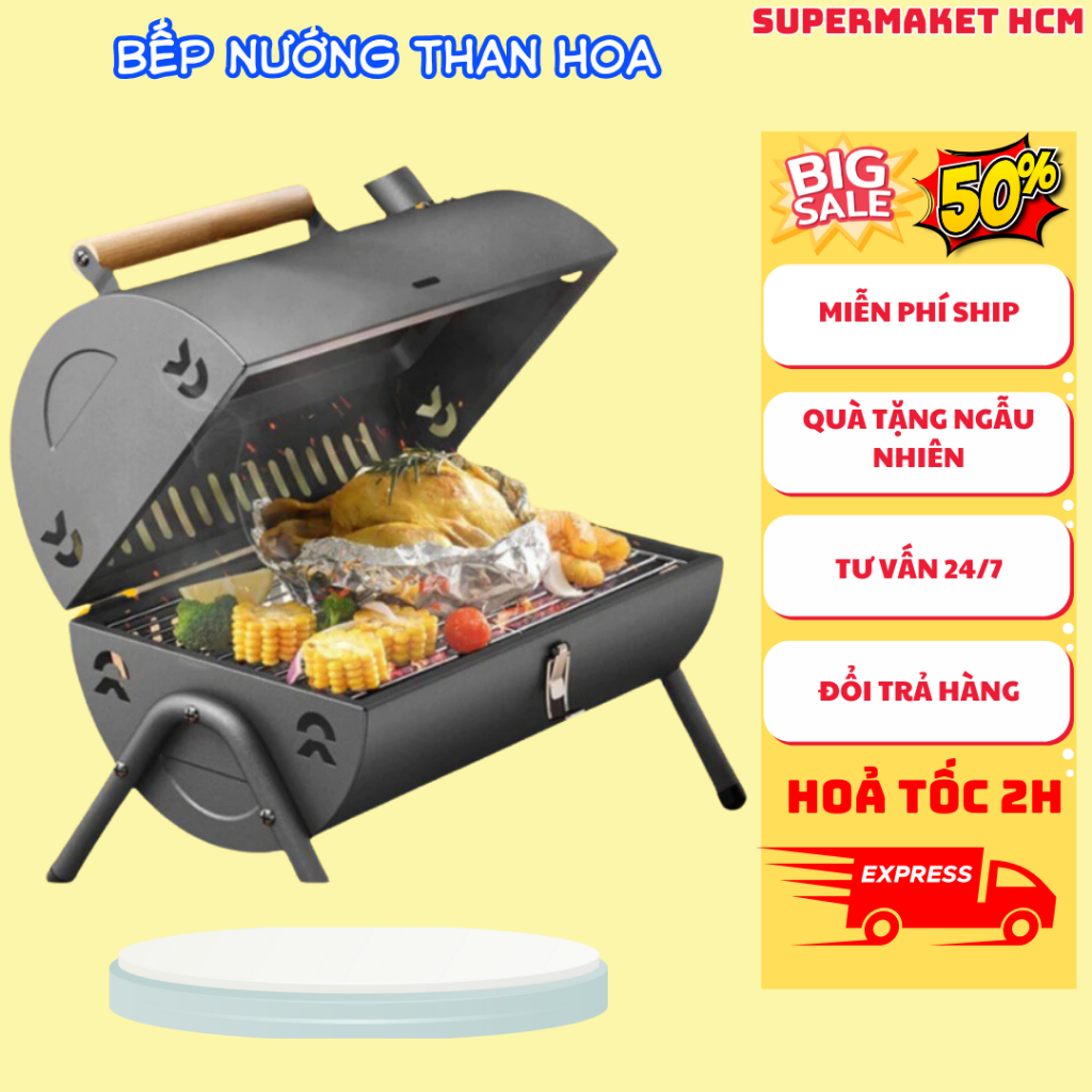 Bếp Nướng Than Hoa Dã Ngoại BBQ Thép Không Gỉ, Kèm Vỉ Nướng Inox,Khay ĐựngThan hoa Tiện Lợi MangTheo