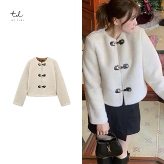  áo khoác Zara nữ dáng ngắn cao cấp cổ tròn long mịn khuy móc phối da đen trắng basic BTD12 