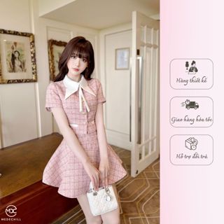  Set Váy Nữ Chất Dạ Tweet Cao Cấp Áo Croptop Ngắn Tay Cổ Cách Điệu Phối Chân Váy Dáng Xòe 2 Màu S780 Medechill 