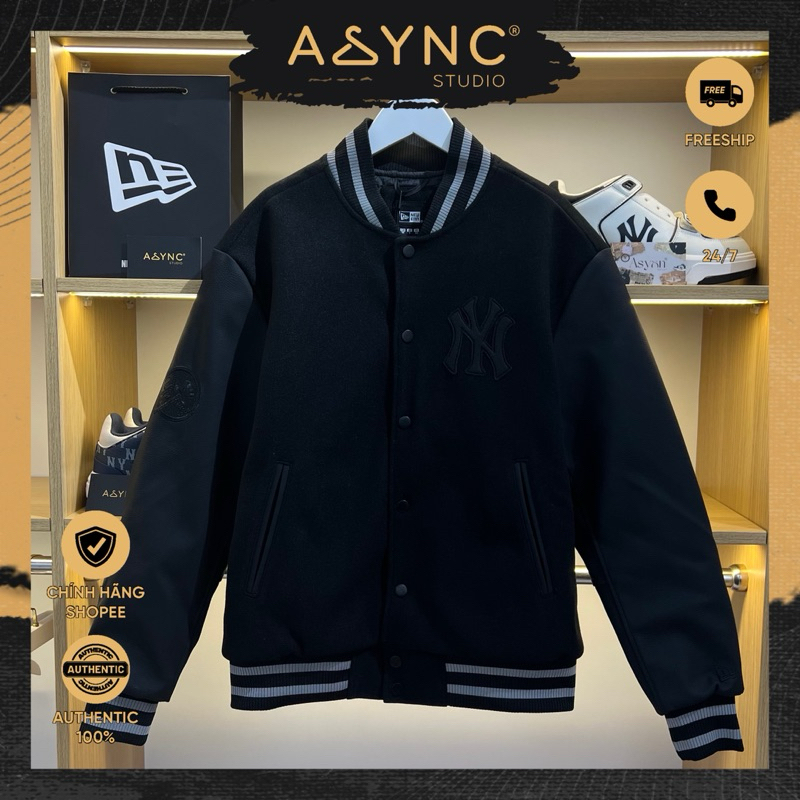 (Auth) Áo Khoác Varsity Bomber Nỉ New Era x MLB NY Yankees Tay Da Lót Bông Thêu Đen CODE 14397891 - 
