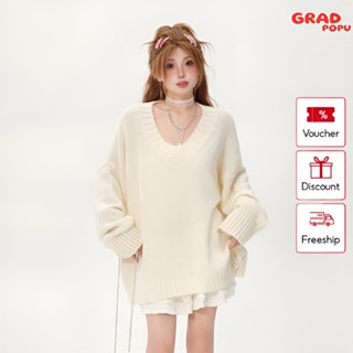  Áo len nữ dáng rộng GRADPOPU PAL07 cổ chữ V dài tay chất dệt kim mềm mại phong cách giấu quần retro ấm áp 
