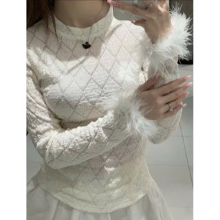 Áo Len Ren Mỏng Mềm Quả Trám Phối Lông Vũ Cổ Tay (ảnh thật ở cuối)