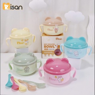 Bát ăn dặm Misan chất liệu Inox 304 kèm thìa và nắp đậy cho bé đáng yêu, Bát giữ nhiệt cho bé ăn dặm kèm nắp đậy Misan